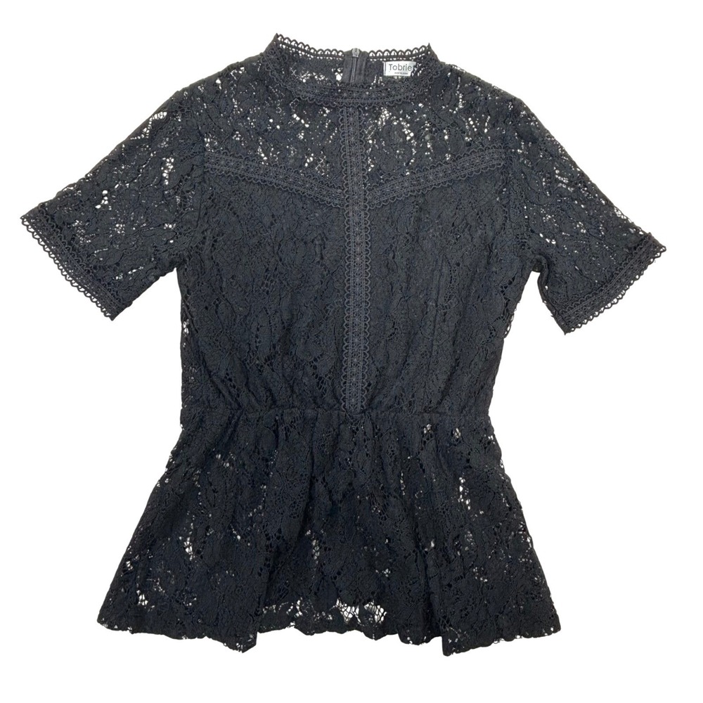 Tobrief Black Lace Top Sz Small Short Sleeve High Neck Fitted Blouse Whimsigoth